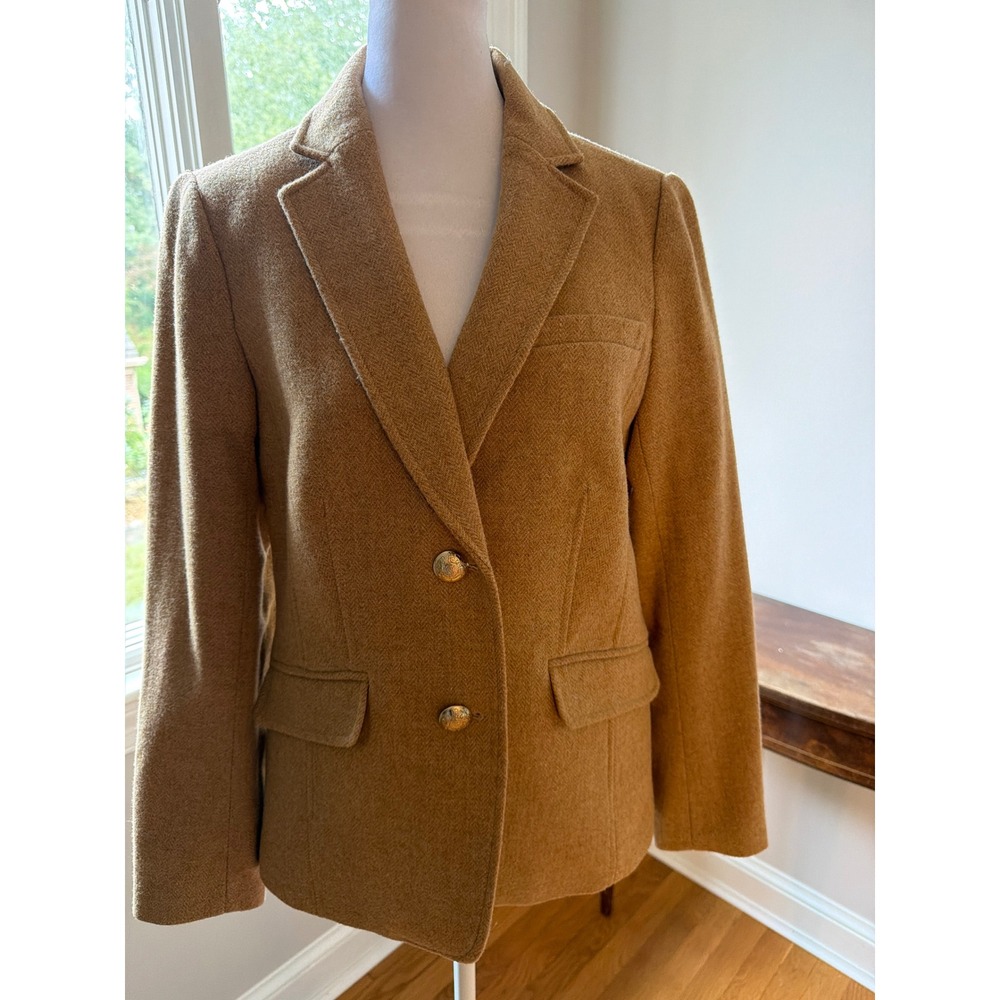 Talbots Tan Herringbone Wool Blend Blazer Gold Crest Button Jacket Womens 6